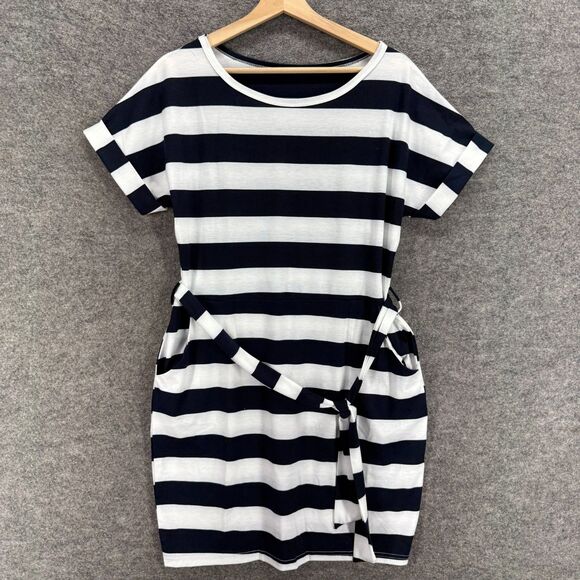 Unbranded Dress Women L Large White Striped Sheath Short Belted Short Sleeve - Picture 1 of 6